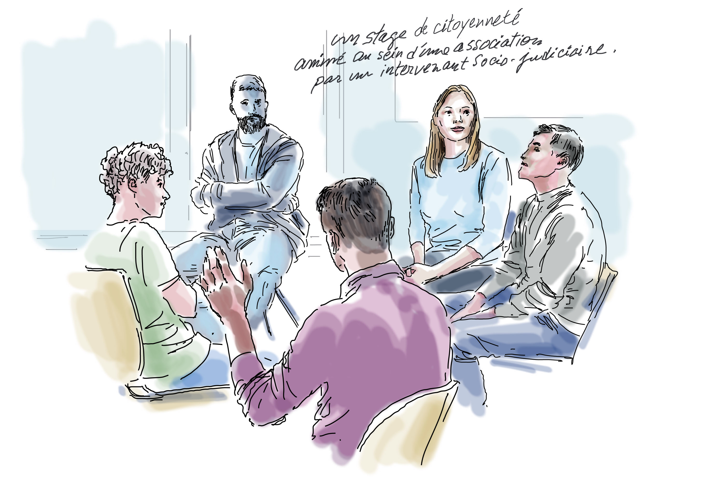 intervenants socio-judiciaires animant un stage de citoyennet&eacute; - illustration Arnaud Goisque